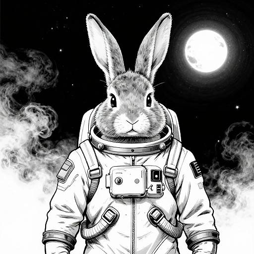 Digital black-and-white illustration of a bunny in a detailed astronaut suit, standing against a night sky with a bright full moon and misty clouds.