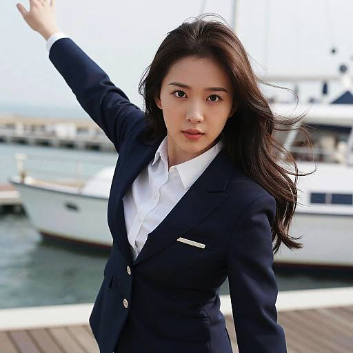 Photograph of an Asian woman with long brown hair, wearing a black blazer and white shirt, raising her arm confidently by a marina with white