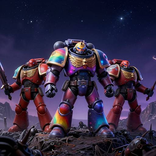Photorealistic CGI of two vibrant, red-and-gold armored robots with glowing accents, standing back-to-back in a starry, rocky landscape,