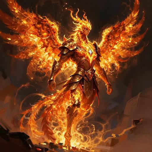Digital artwork of a fiery, armored winged warrior standing amidst flames, with intense orange and yellow fire engulfing their body. Dark, smoky background