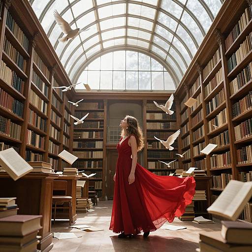 Photograph of a curly-haired woman in a flowing red dress standing amidst a sunlit, arched library with books and flying pigeons.