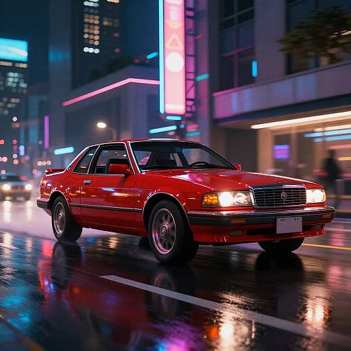Red 80s Car in Neon Cyberpunk City