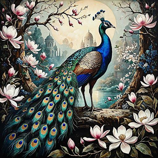 Mystical Peacock Among Magnolia Blossoms