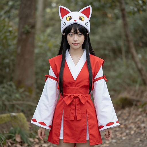 Photograph of an Asian woman with long black hair, wearing a red and white cat-eared fox costume, standing in a forest.