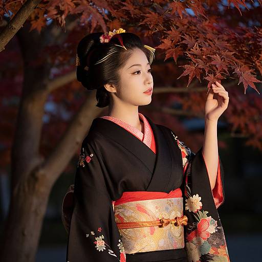 Photograph of a Japanese woman in a black kimono with red and gold accents, floral embroidery, and red hairpins, standing under a red-le