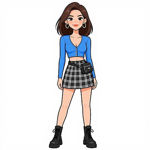 Digital anime-style drawing of a cute, smiling young woman with brown hair, wearing a blue crop top, black and white plaid skirt, and black