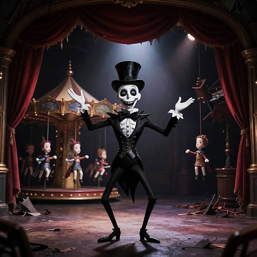 Porcelain-Grinned Ringmaster in Tattered Theater