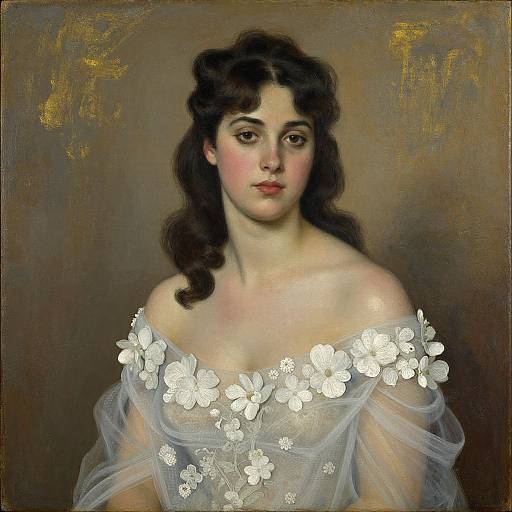 Portrait of a young woman with dark, wavy hair, wearing an off-shoulder white gown adorned with sparkling floral embroidery, against a brown,
