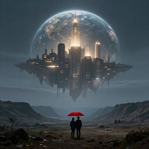 Digital artwork: Silhouetted couple holding red umbrella stands before floating, illuminated cityscape on a glowing, Earth-like moon against a dark, mountain