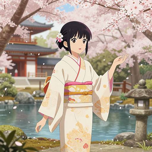 Anime-style drawing of a young woman in a white floral kimono, standing under cherry blossoms, with a traditional Japanese garden and pond in the background