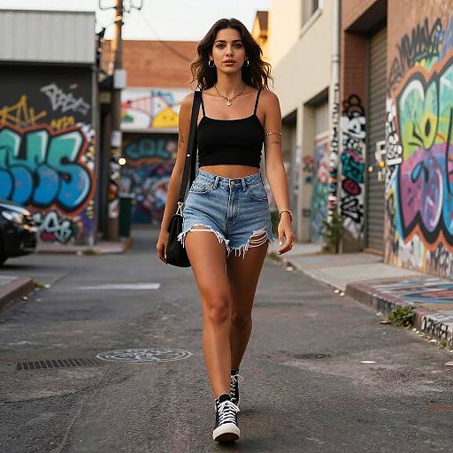 Stylish Woman Walking in Urban Alley