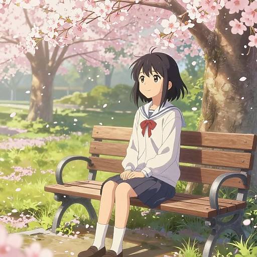 Anime-style drawing of a black-haired girl in a sailor uniform sitting on a bench under cherry blossom trees in a sunny park.