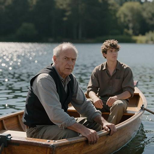 Two Men in Wooden Boat on Lake