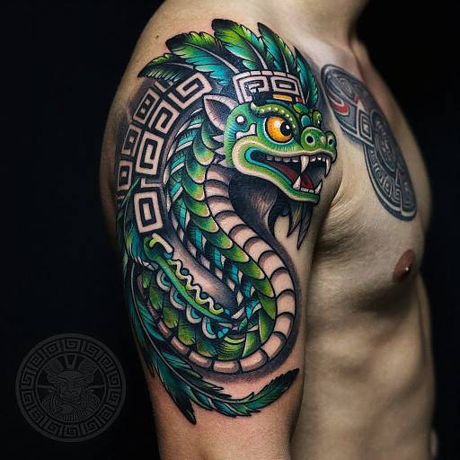 Photograph of a shirtless man with a vibrant, colorful dragon tattoo on his upper arm, featuring green, blue, and black scales, and a