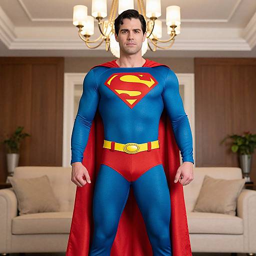 Photograph of a muscular man in a classic Superman costume, standing in a modern living room with a chandelier and beige sofa.