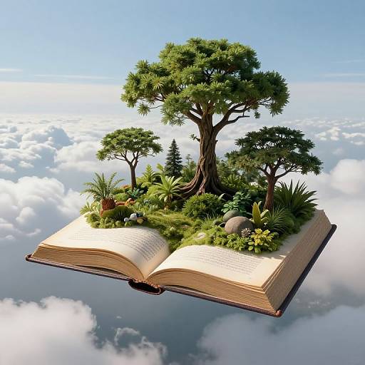 Photorealistic digital artwork of an open book floating in the sky, transformed into a lush, tree-filled island with clouds below.