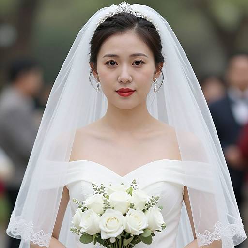 Photograph of an Asian bride with fair skin, red lipstick, and black hair in an updo, wearing an off-shoulder white dress and