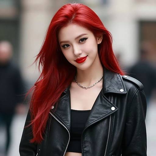 Photograph of a young Asian woman with vibrant red hair, wearing a black leather jacket and red lipstick, smiling softly in an urban street setting.