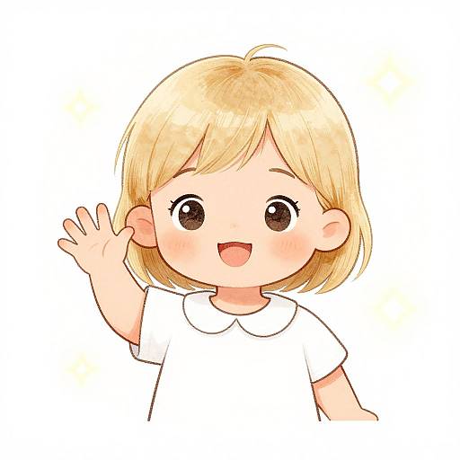 Cute digital anime-style drawing of a blonde, fair-skinned child with large brown eyes, wearing a white shirt, waving with a cheerful smile.