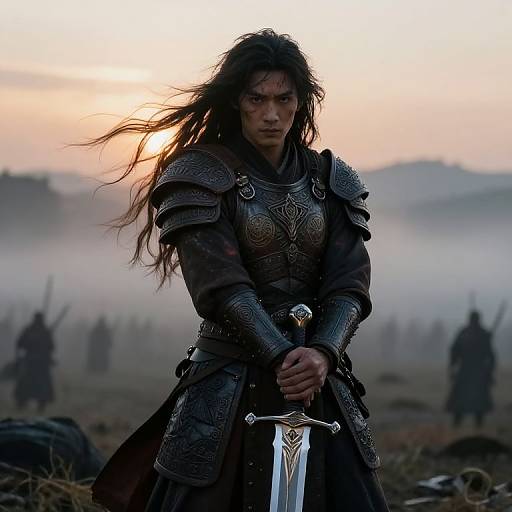 Photograph of a fierce, long-haired woman in medieval armor with intricate designs, holding a sword, silhouetted against a misty, orange