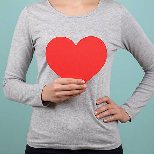 Photograph of a person in a gray long-sleeve shirt, hand over a red heart on their chest, against a turquoise background.