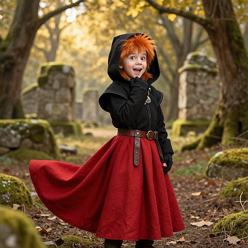 Photograph of a child with spiky orange hair, black hoodie, and red skirt, standing in a mossy, autumn forest, smiling.