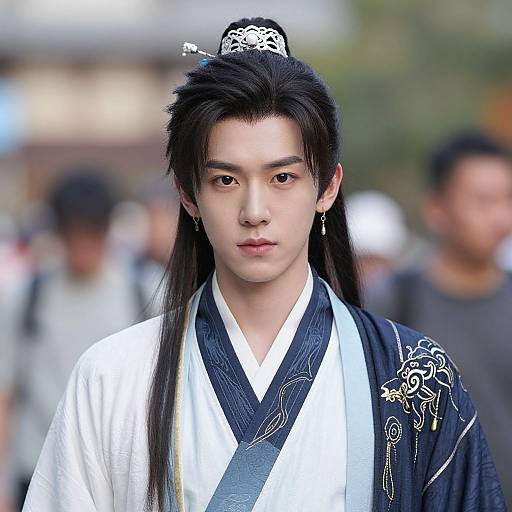 Photograph of an Asian man with long black hair, wearing a traditional white and black kimono with intricate embroidery, and a decorative hairpin, standing