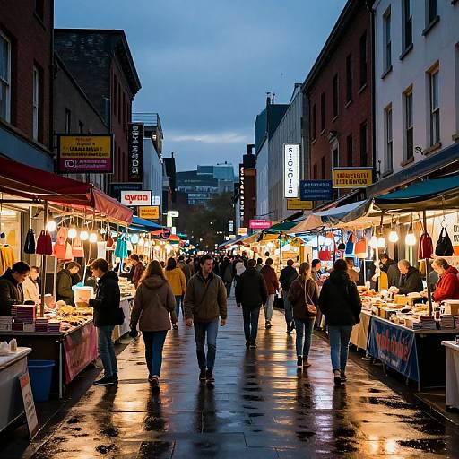 Photograph of a bustling outdoor evening market with rain-slicked street, illuminated stalls, diverse shoppers in coats, colorful signs, and vibrant lights under