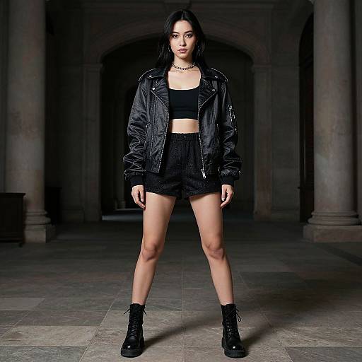 Photograph of a confident woman with dark hair, wearing a black crop top, jacket, mini skirt, and boots, standing in a dimly lit