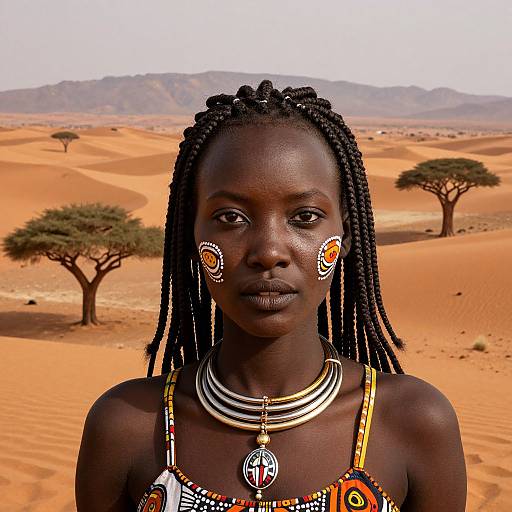Photograph of an African woman with dark skin, braided hair, adorned with traditional jewelry, standing in a sunlit, orange desert landscape with ac