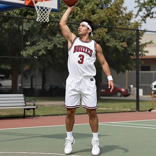Photograph of a male basketball player in a white 