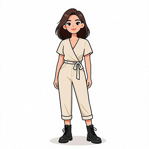Digital drawing of a cute young woman with fair skin, black hair, wearing a white V-neck jumpsuit, black boots, and a tied belt,