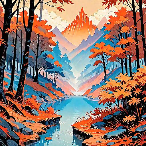 Epic Orange Forest and Mountain Landscape