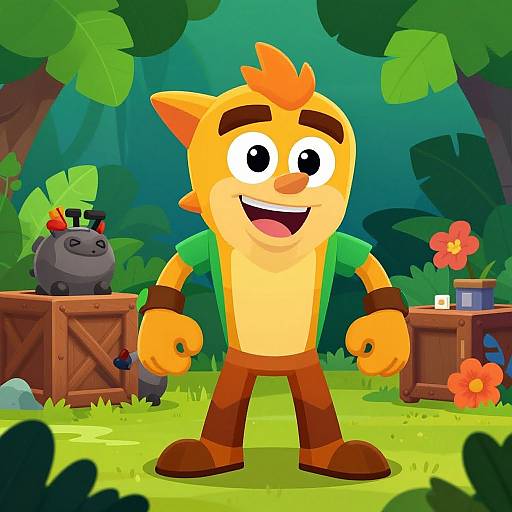 Vibrant cartoon of a cheerful orange anthropomorphic fox with green shirt, brown pants, standing in lush jungle, beside gray bear and flower pots.