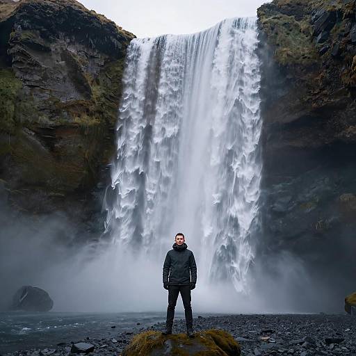 Man Standing at Skógafoss Waterfall, Iceland