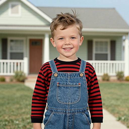 Photograph of a smiling young boy with short brown hair, wearing denim overalls and a red-and-black striped shirt, standing in front of a suburban
