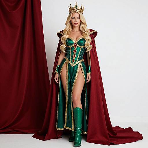 Blonde Woman in Regal Green and Gold Costume with Red Cape