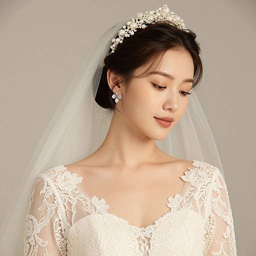 Photograph of an Asian bride with fair skin, dark hair, wearing a white lace wedding dress, floral tiara, and veil, looking down with