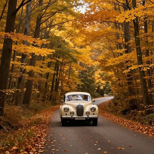 Classic Car Driving Through Autumn Forest
