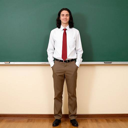 Photograph of a man with long black hair, white shirt, red tie, brown pants, black belt, and black shoes, standing in front of