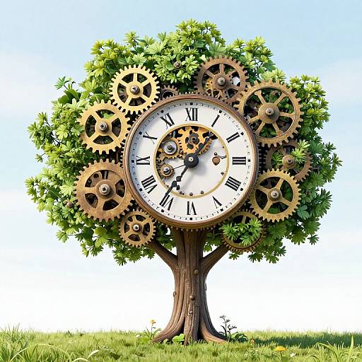 Digital illustration of a clock tree: a green-leaved tree with a circular clock face, featuring brown gears and black Roman numerals, set against a