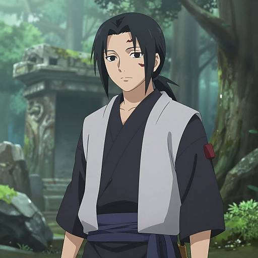 Anime-style drawing of a young man with black hair in a ponytail, wearing a black kimono and white hakama, standing in a misty