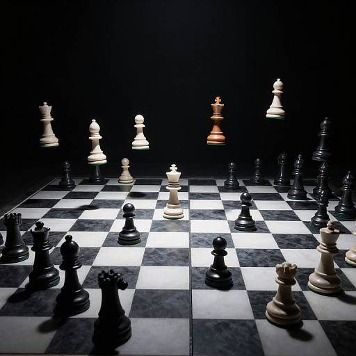 Photograph of a chessboard with black and white pieces; a single orange king stands prominently in the center, surrounded by black and white pieces against a