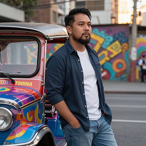 Photograph of a bearded, dark-haired man in a navy shirt and white t-shirt, leaning against a colorful, graffiti-decorated truck in