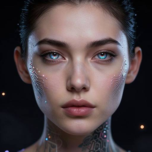 Hyper-realistic photograph of a young woman with glowing blue eyes, cybernetic patterns on her face, and intricate neck tattoos, against a dark background