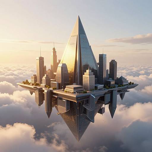 CGI image of a futuristic, floating cityscape with tall skyscrapers, including a prominent pyramid-shaped building, reflected in clouds, bathed in