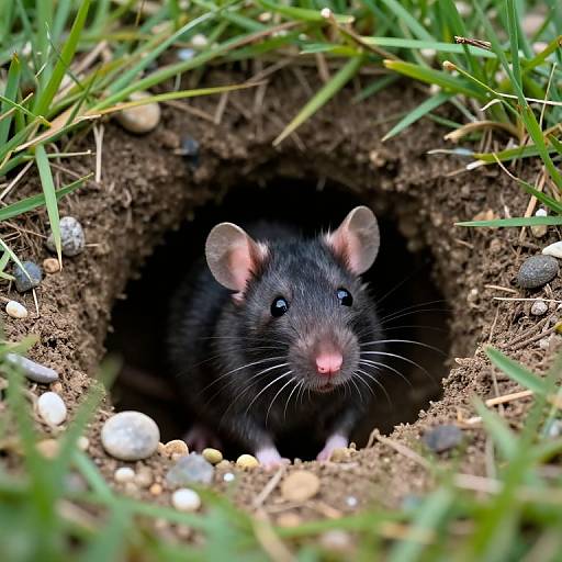 Photograph of a small black mouse with pink nose and ears, peeking out of a dark soil burrow surrounded by green grass and small pebb