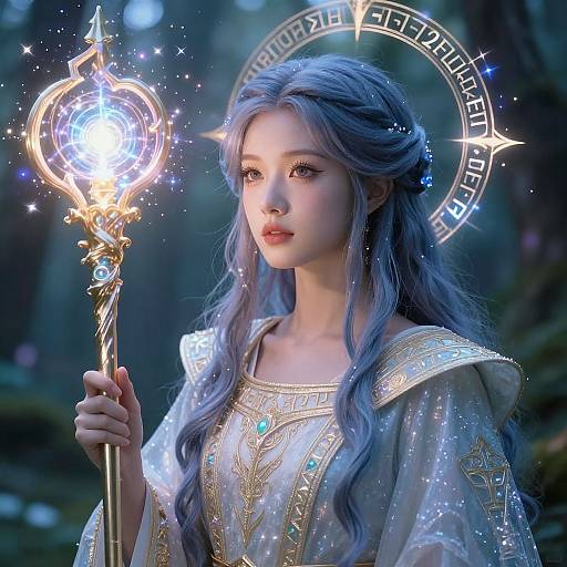 Digital artwork of a blue-haired, ethereal woman with glowing halo, holding a magical staff emitting light, wearing ornate, silver-embroidered