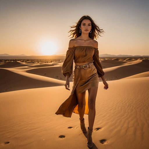 Fashion Model Walking in Desert at Sunset
