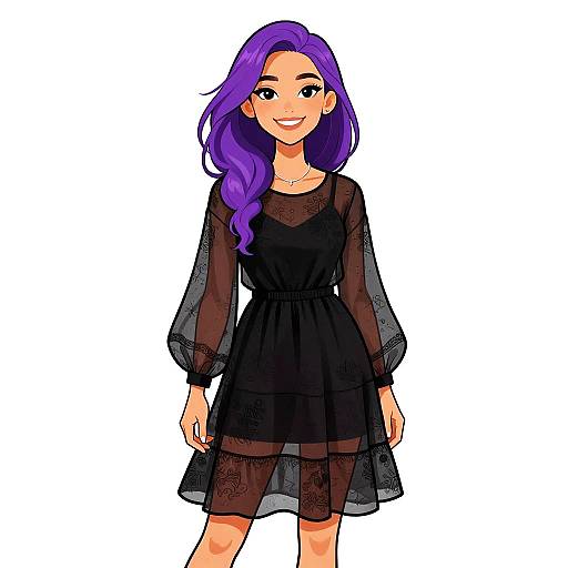 Digital anime-style illustration of a smiling woman with long purple hair, wearing a black, sheer, long-sleeved dress, standing against a white background